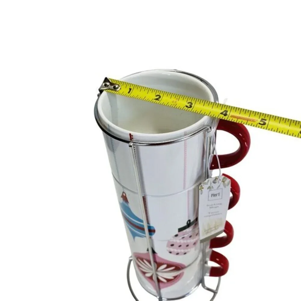 Pier One Stacking Mug Set on Stand Christmas Ornaments Red Handles Stoneware
